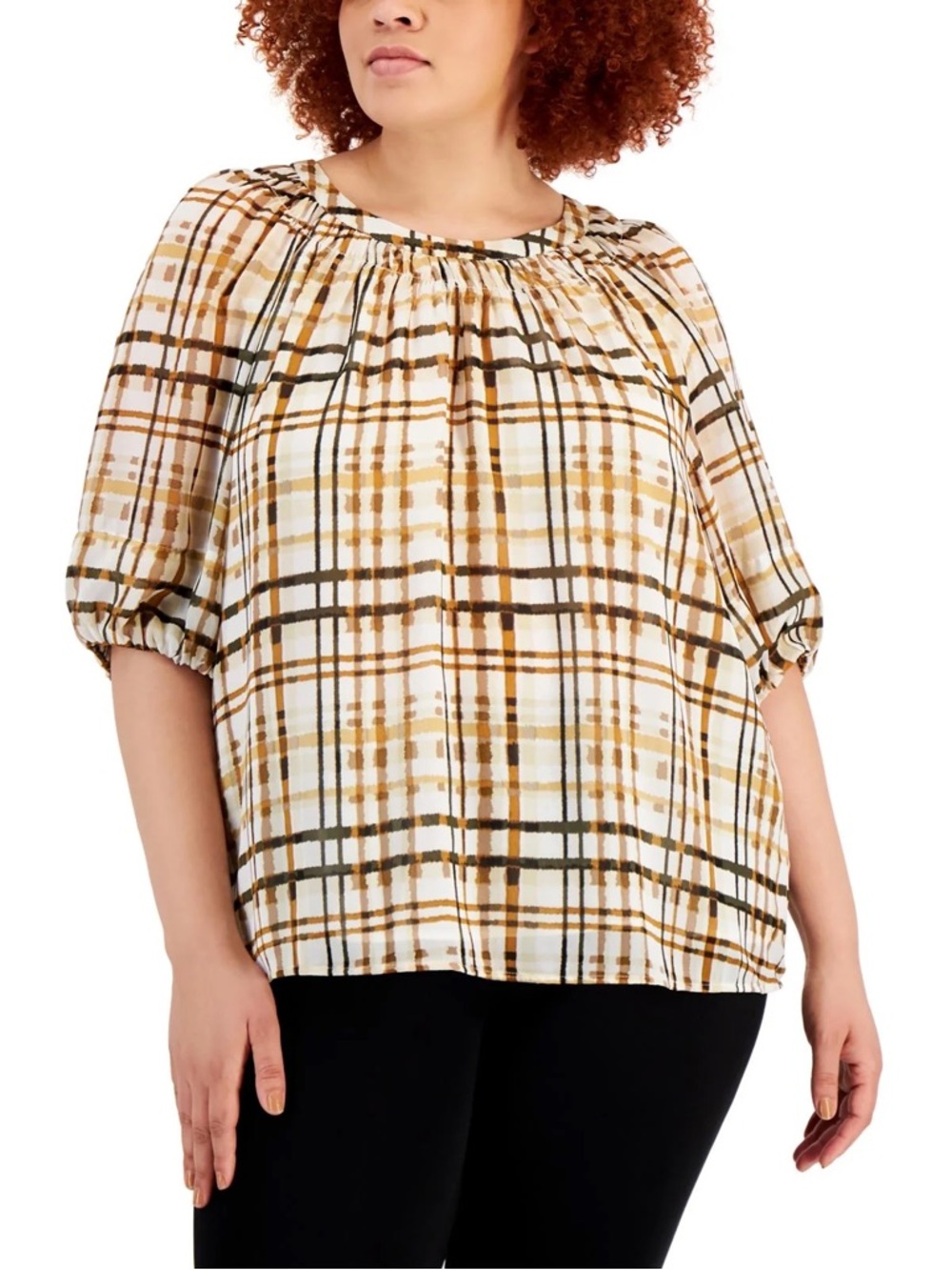 NWT Calvin Klein 3X Plaid Puff Sleeve Blouse Brown Cream Top Plus Size